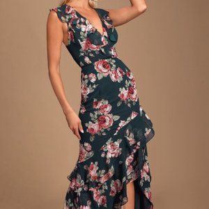 NWT Lulu's Secret Romance Dark Green Floral Print High-Low Maxi Dress